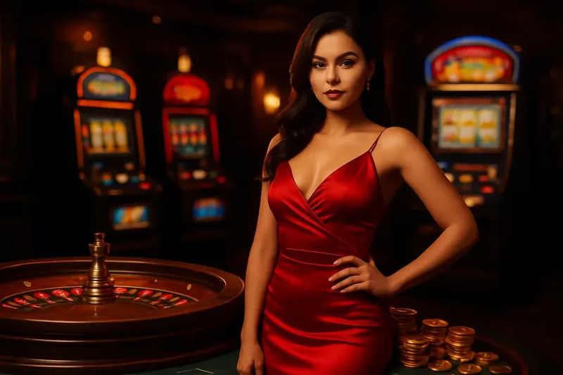Elegant Casino Banner Beautiful woman in red dress standing near roulette and slot machines in luxury Bangladesh casino with neon lights and gold coins