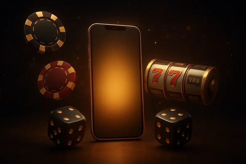 Luxury Casino Banner Glowing smartphone surrounded by casino chips, slot reels, and dice on dark gold background